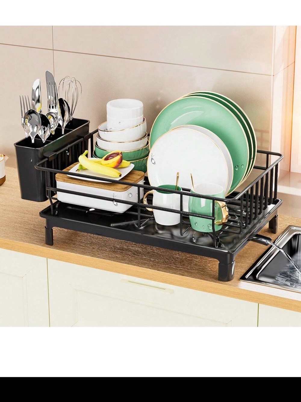 Black Metal Dish Drying Rack with Utensil Holder
